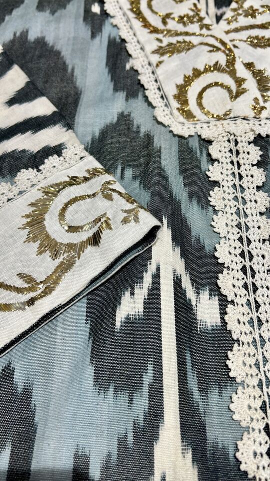 Handwoven Cotton Ikat Jalabiya with Antique Panels, Crochet Lace & Gold Sarma Embroidery