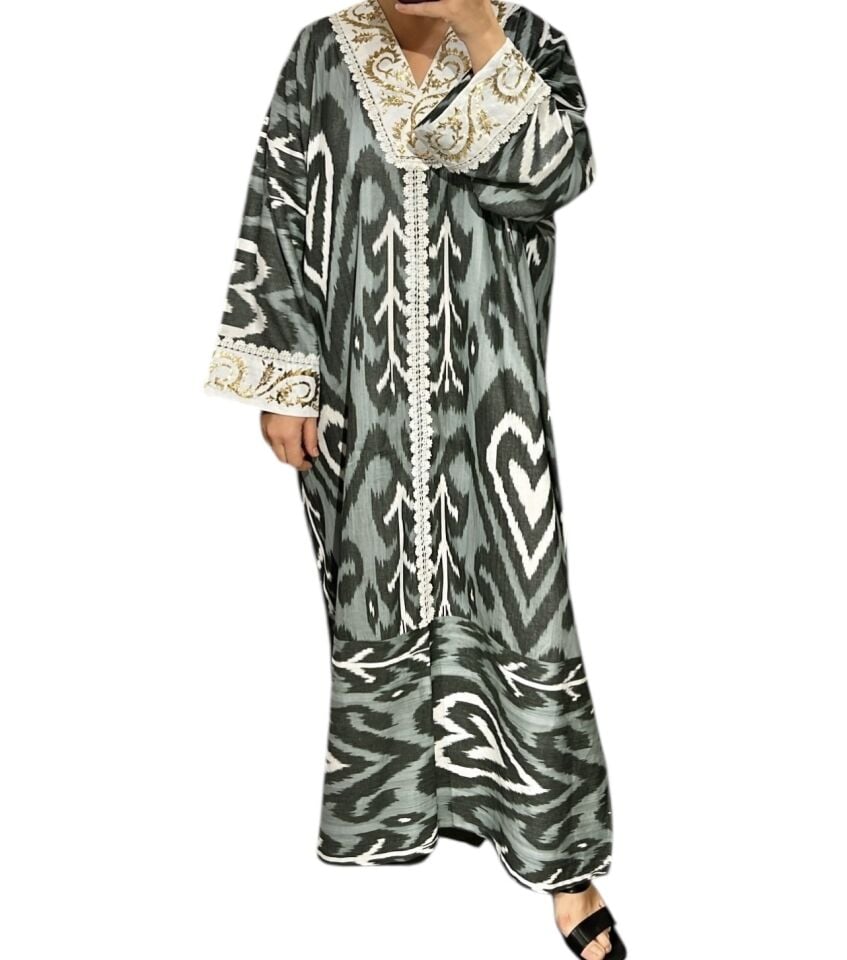 Handwoven Cotton Ikat Jalabiya with Antique Panels, Crochet Lace & Gold Sarma Embroidery