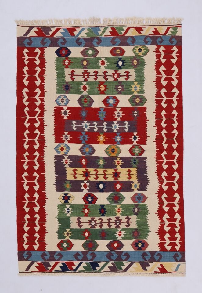 Handwoven Turkish Kilim with Anatolian Star & Ram’s Horn Tribal Motifs