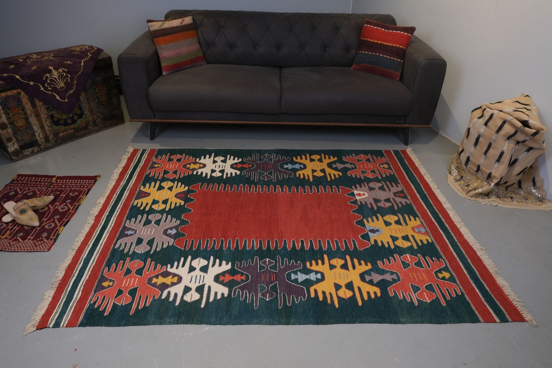 Handwoven Turkish Kilim with Elibelinde & Fertility Symbol Motifs
