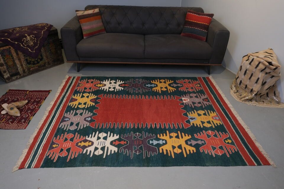 Handwoven Turkish Kilim with Elibelinde & Fertility Symbol Motifs