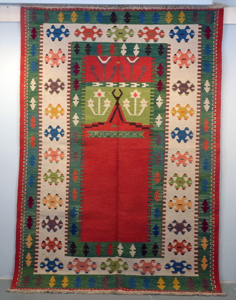 Handwoven Anatolian Kilim – Symbolic Prayer-Style Design | 156×215 cm | Nakishe