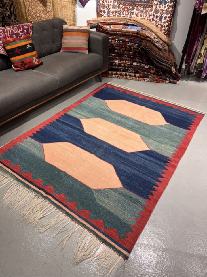 Handwoven Turkish Kilim Inspired by Antique Qashqai Patterns