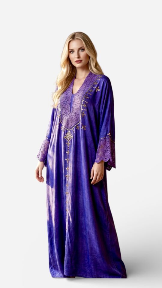 Purple Washed Silk Jalabiya with Hand Embroidery & Crochet Details