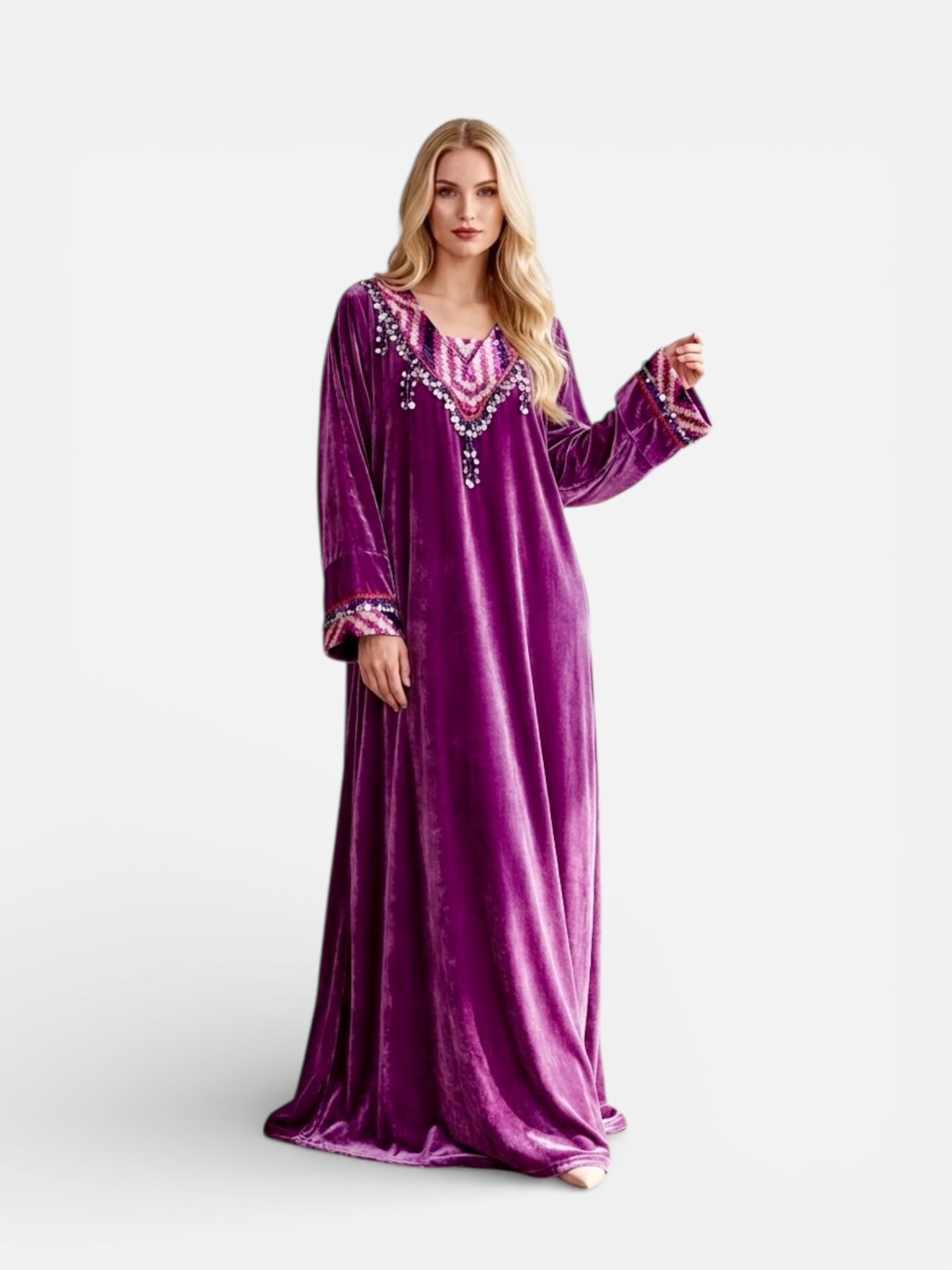 Purple Silk Velvet Jalabiya with Handwoven Ikat Details and Antique Metal Beads