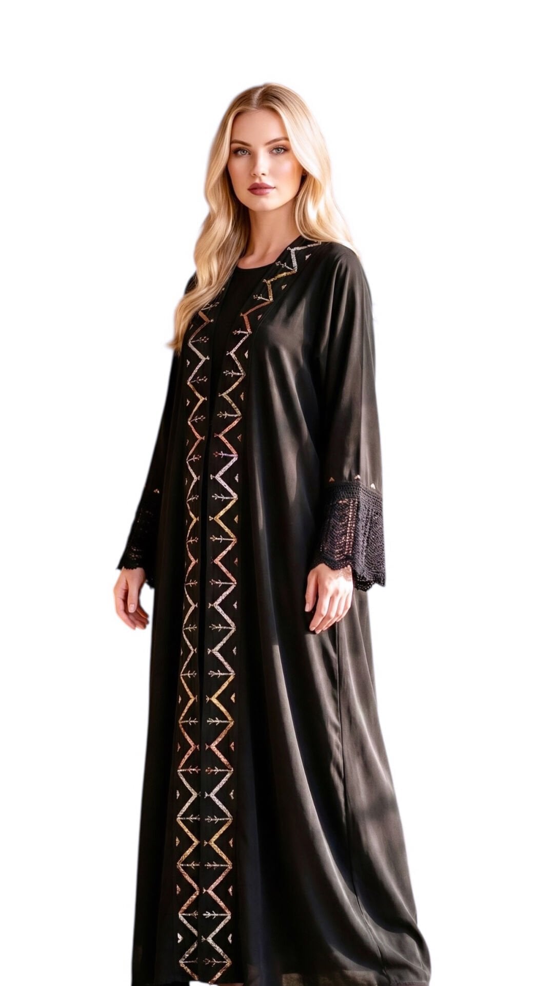 Black Washed Silk Abaya with Geometric Metal Wire Embroidery