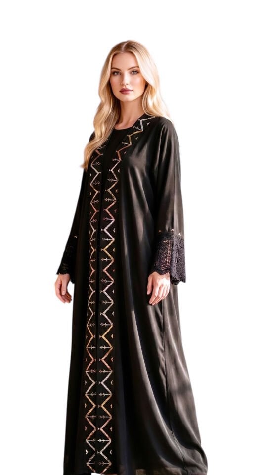 Black Washed Silk Abaya with Geometric Metal Wire Embroidery