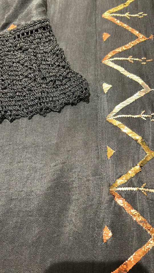Black Washed Silk Abaya with Geometric Metal Wire Embroidery