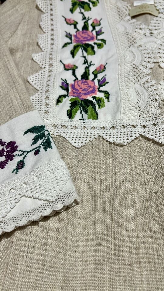 Beige Handwoven Cotton Jalabiya with Antique Embroidered Details