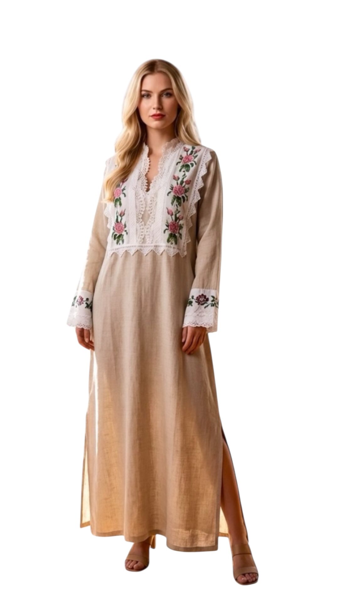 Beige Handwoven Cotton Jalabiya with Antique Embroidered Details