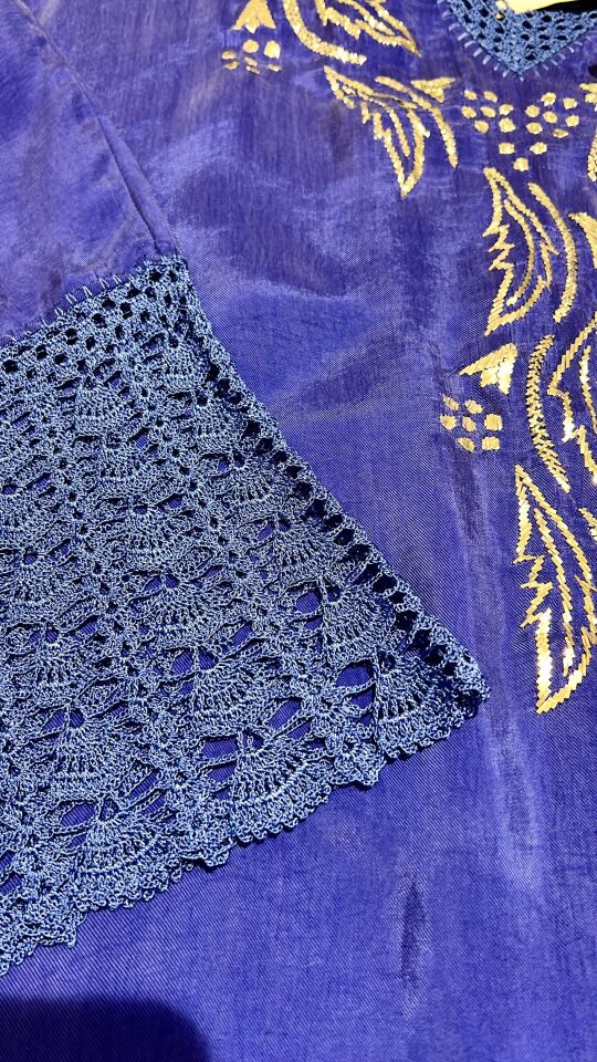 Blue Washed Silk Jalabiya with Embroidered & Crochet Details