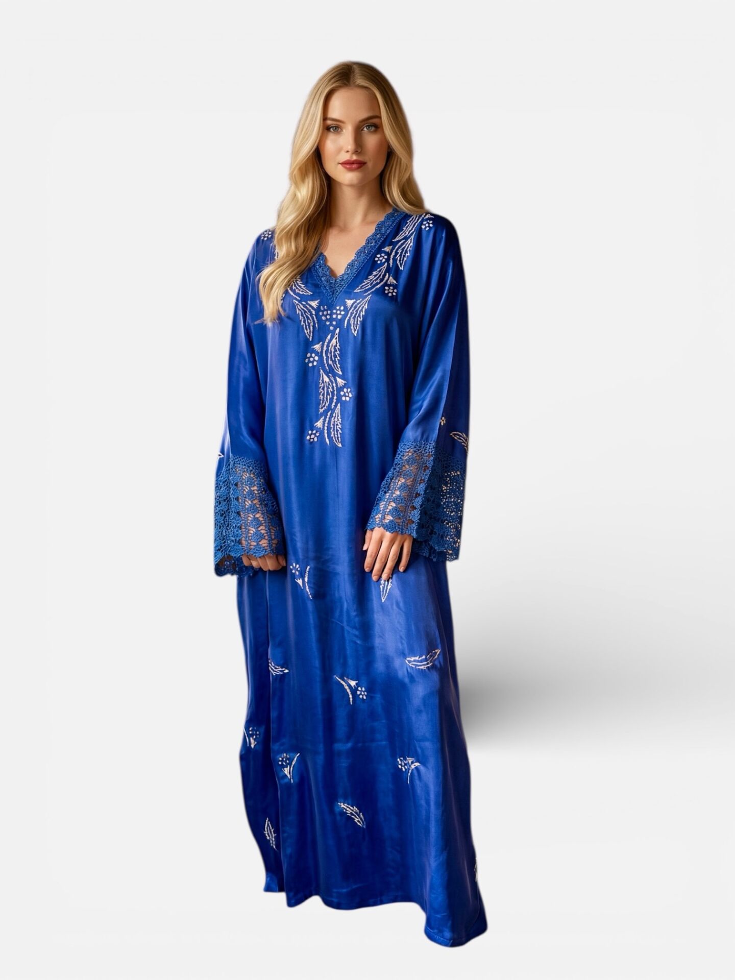 Blue Washed Silk Jalabiya with Embroidered & Crochet Details
