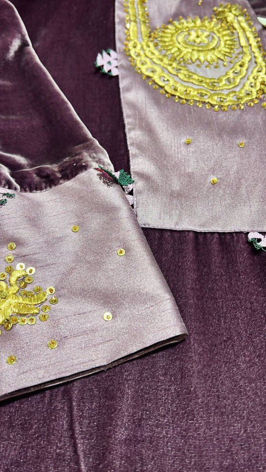 Deep Plum Silk Velvet Jalabiya with Authentic Antique Gold Thread Embroidery