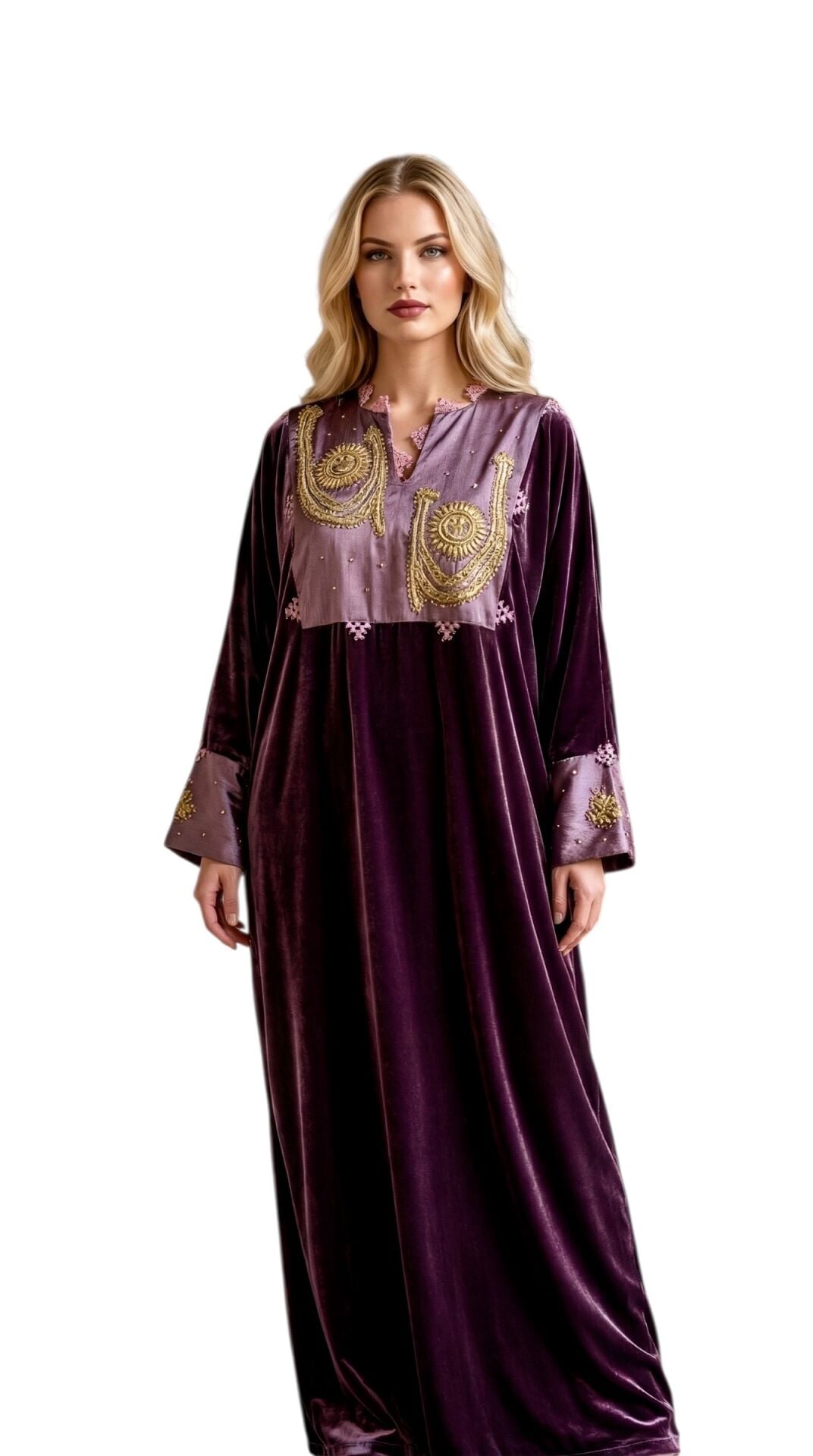 Deep Plum Silk Velvet Jalabiya with Authentic Antique Gold Thread Embroidery