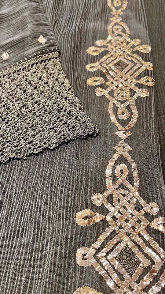 Green Washed Silk Abaya with Gold Thread Embroidery & Crochet Details