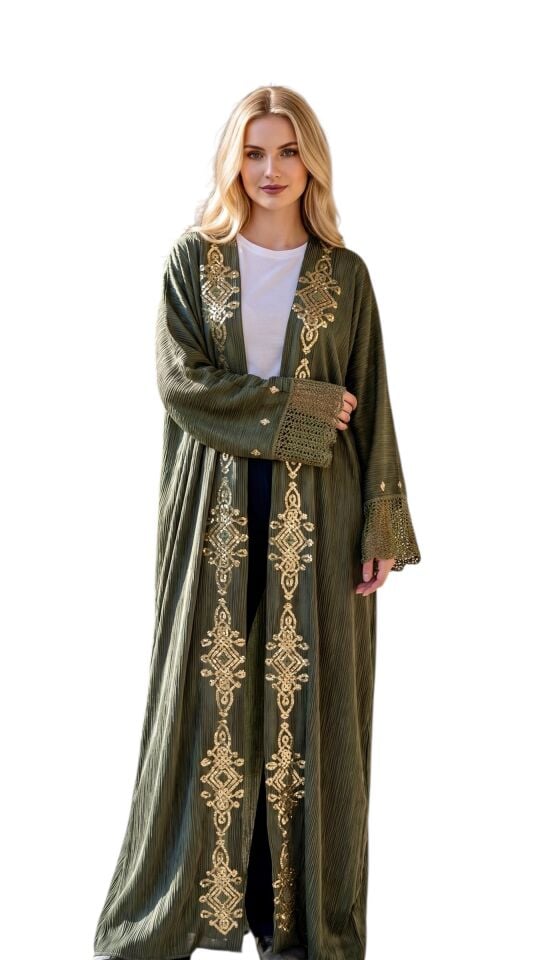 Green Washed Silk Abaya with Gold Thread Embroidery & Crochet Details
