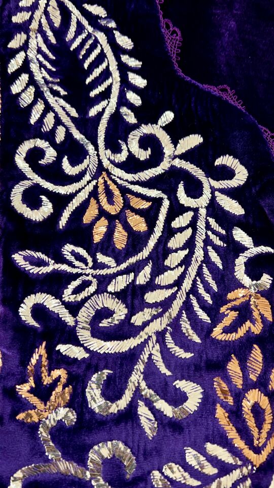 Purple Silk Velvet Jalabiya with Hand-Applied Metal Sarma Embroidery