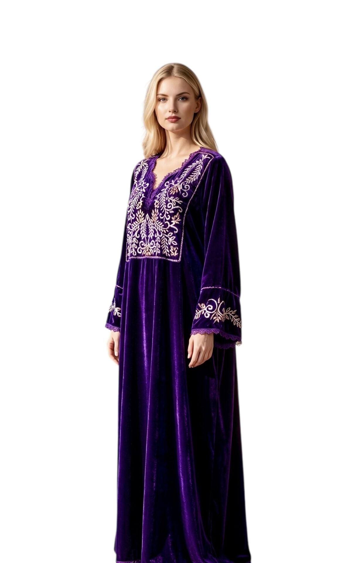 Purple Silk Velvet Jalabiya with Hand-Applied Metal Sarma Embroidery
