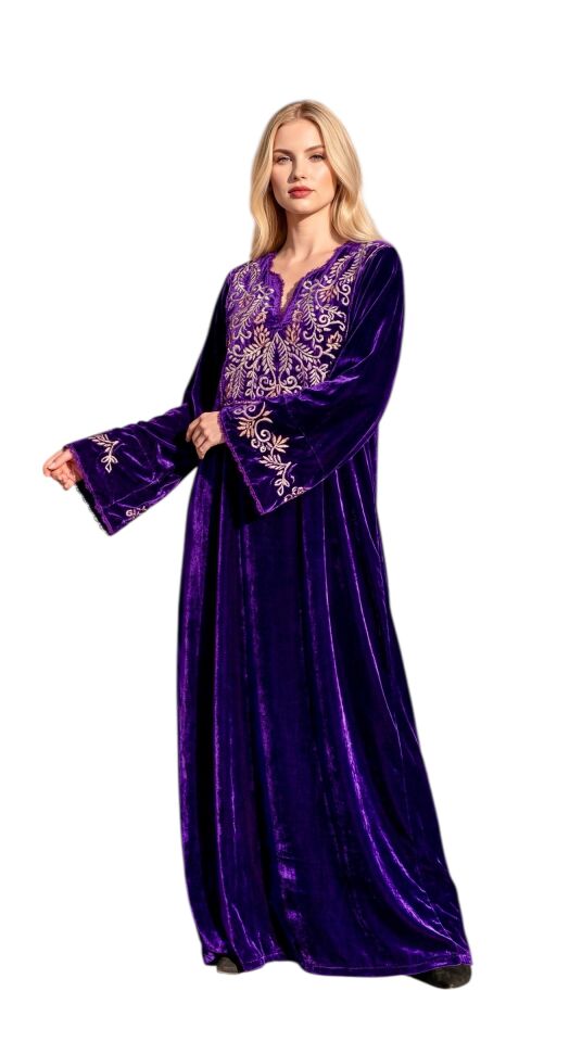 Purple Silk Velvet Jalabiya with Hand-Applied Metal Sarma Embroidery