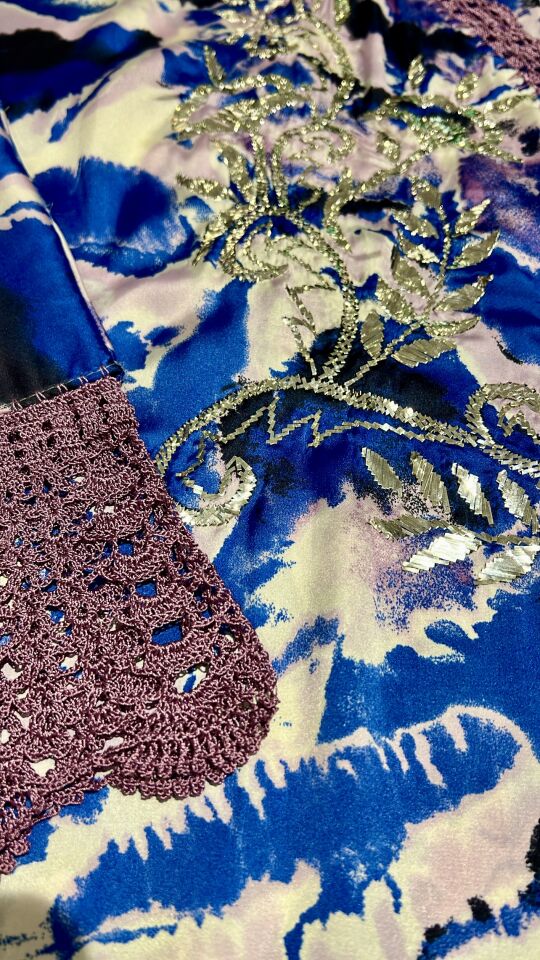 Blue & Lilac Patterned Silk Jalabiya with Silver Sirma Embroidery and Lilac Crochet Details