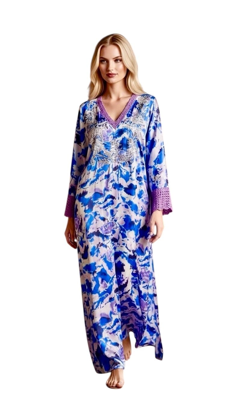 Blue & Lilac Patterned Silk Jalabiya with Silver Sirma Embroidery and Lilac Crochet Details