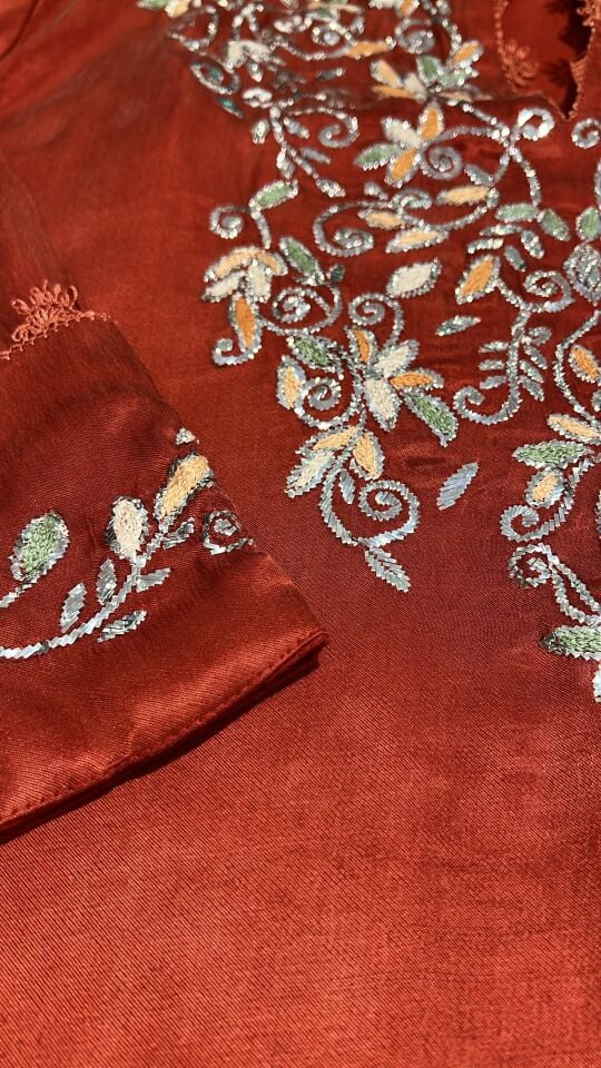 Terracotta Washed Silk Jalabiya with Handcrafted Sirma Embroidery