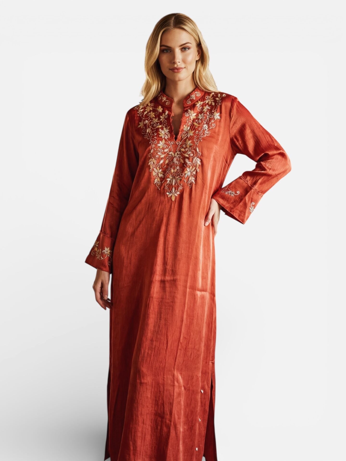 Terracotta Washed Silk Jalabiya with Handcrafted Sirma Embroidery