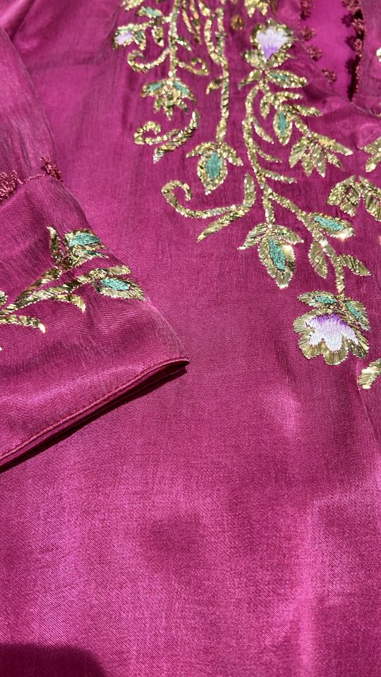 Deep Pink Washed Silk Jalabiya with Handcrafted Sirma Embroidery