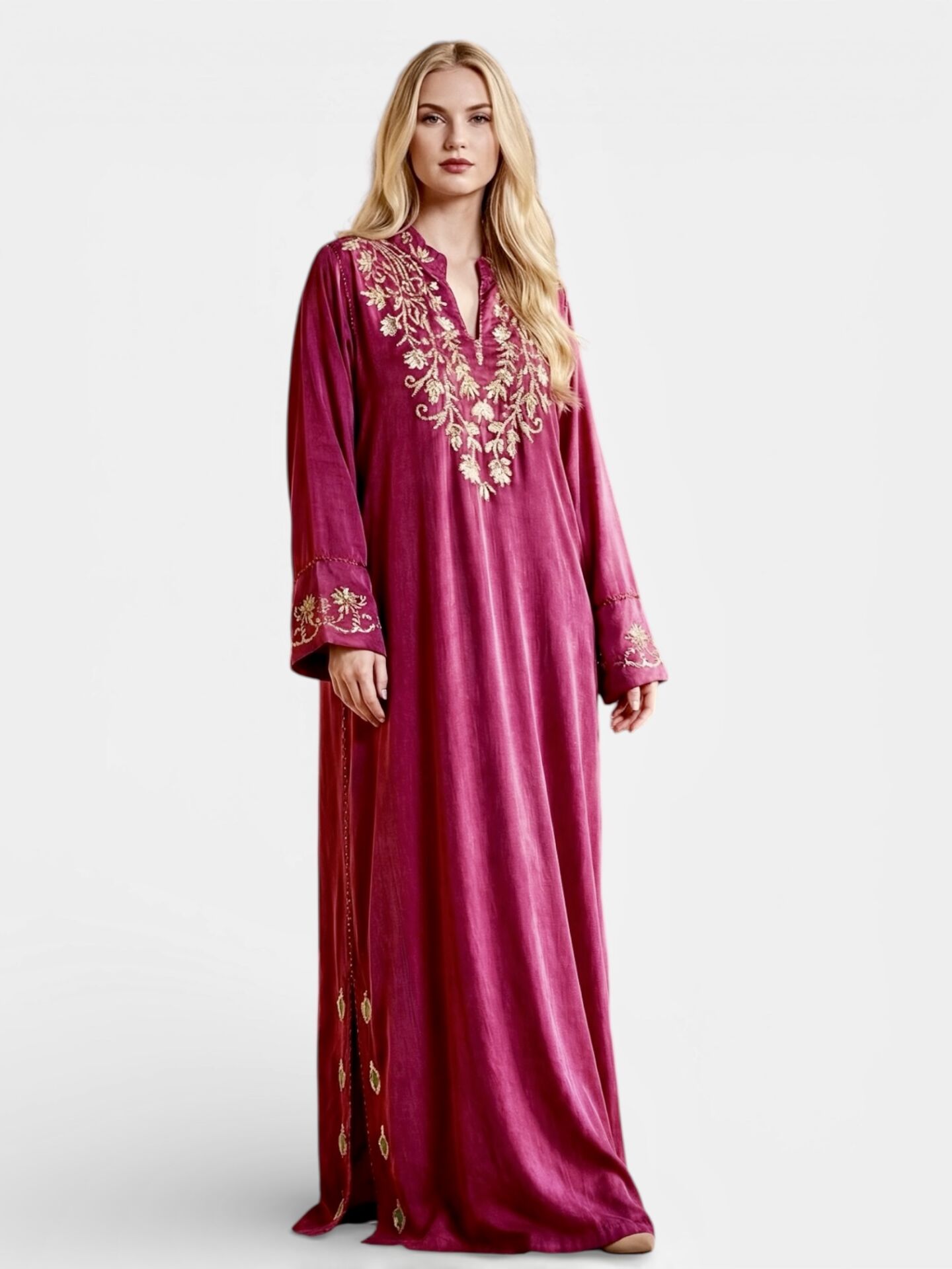 Deep Pink Washed Silk Jalabiya with Handcrafted Sirma Embroidery