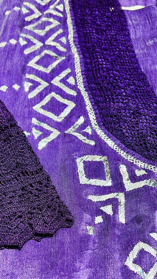 Deep Purple Washed Silk Jalabiya with Handcrafted Sirma Embroidery