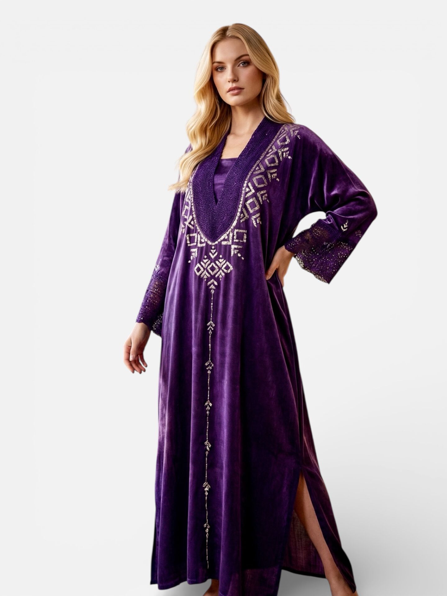 Deep Purple Washed Silk Jalabiya with Handcrafted Sirma Embroidery