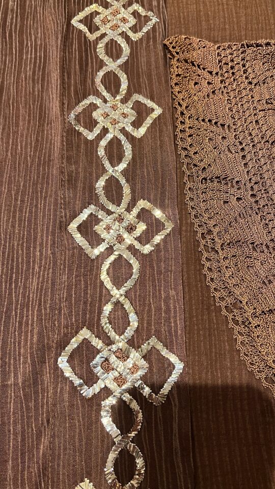 Light Brown Washed Silk Abaya with Handcrafted Gold Sirma Embroidery