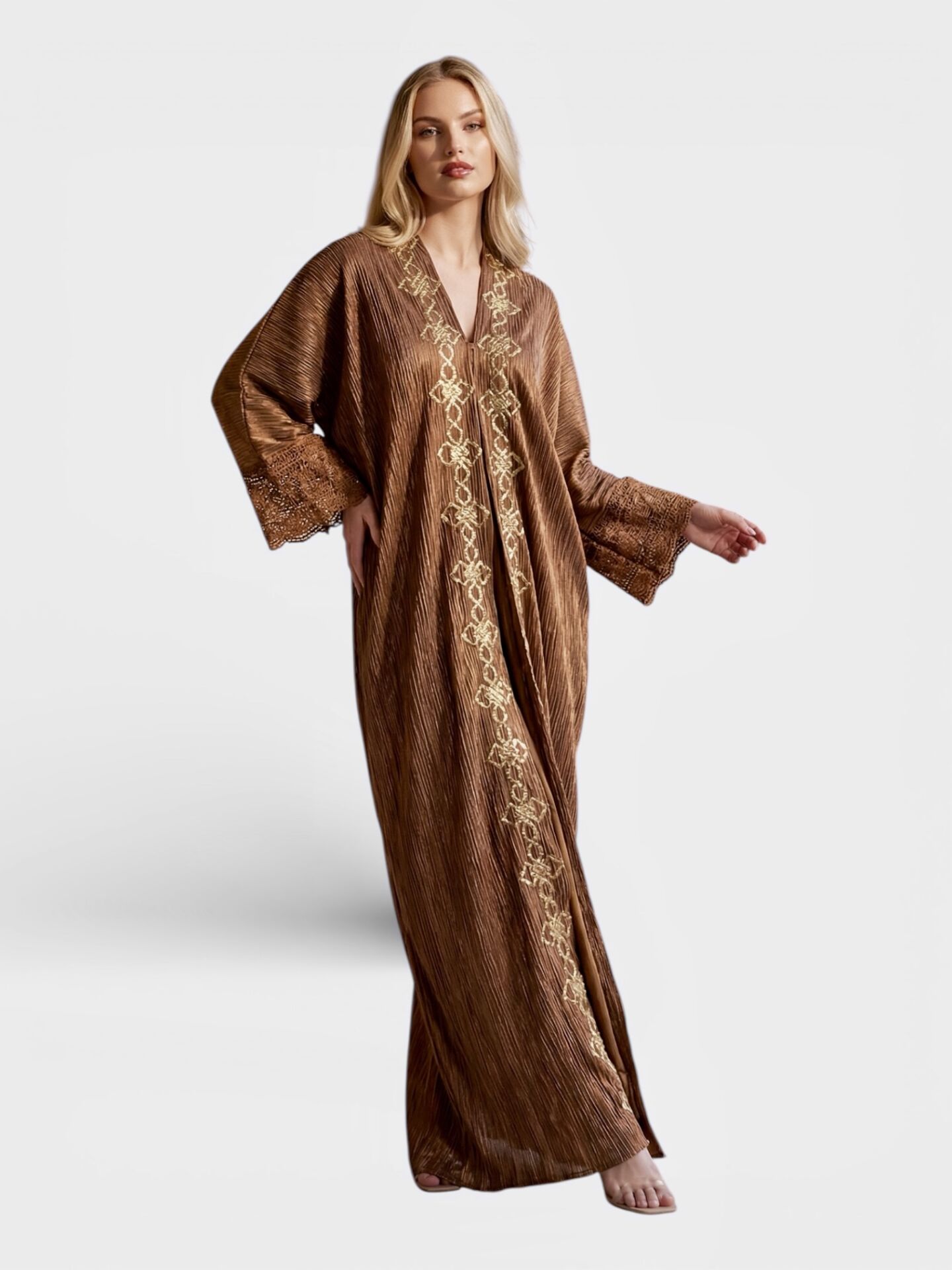 Light Brown Washed Silk Abaya with Handcrafted Gold Sirma Embroidery