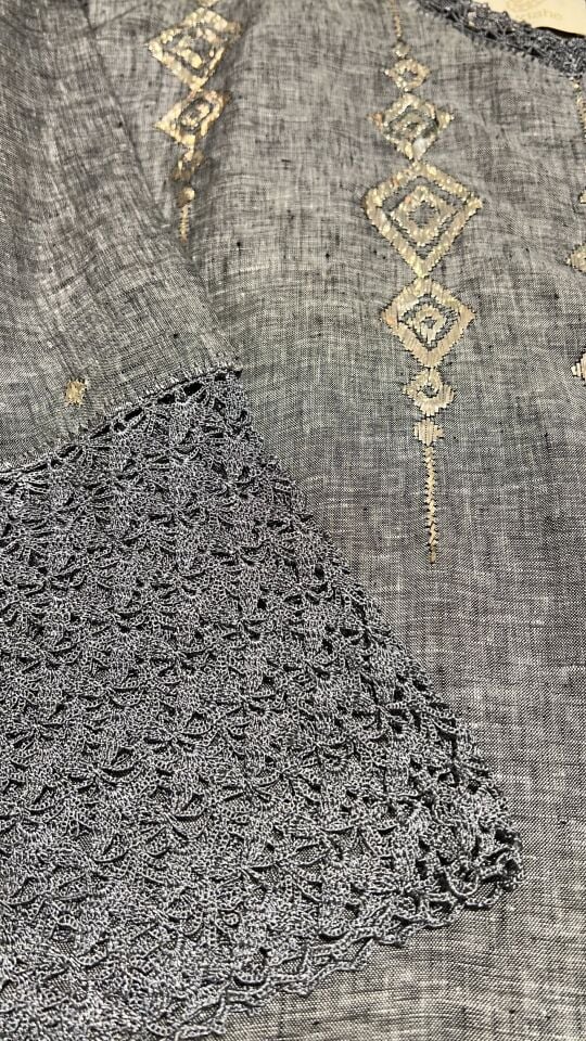 Grey Raw Linen Jalabiya with Handcrafted Silver Sirma Embroidery