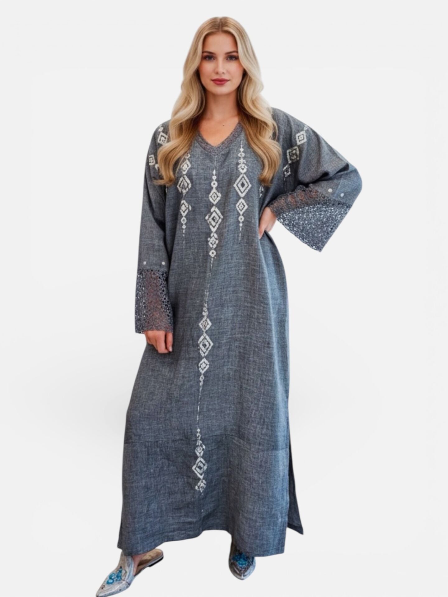 Grey Raw Linen Jalabiya with Handcrafted Silver Sirma Embroidery