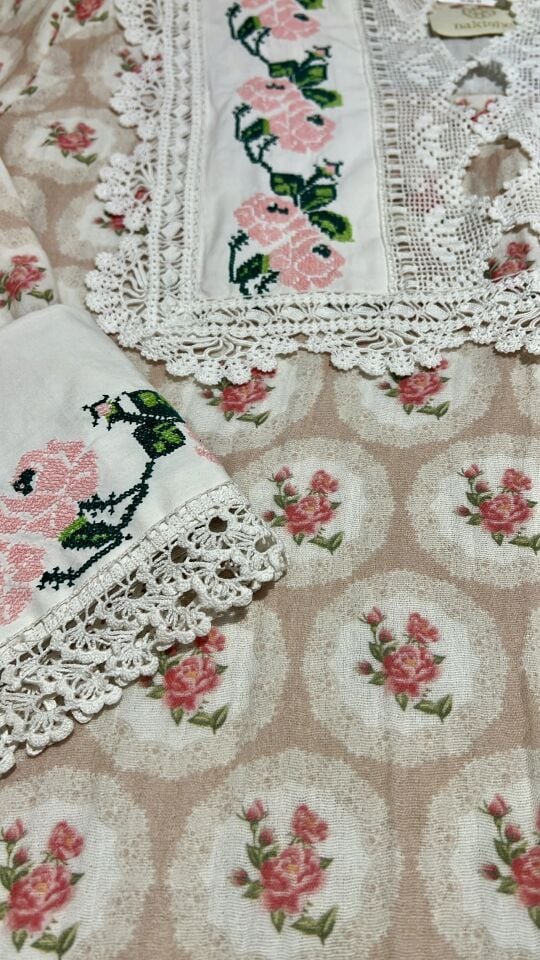 Cotton Jalabiya with Antique Cross-Stitch Embroidery and Lace Details