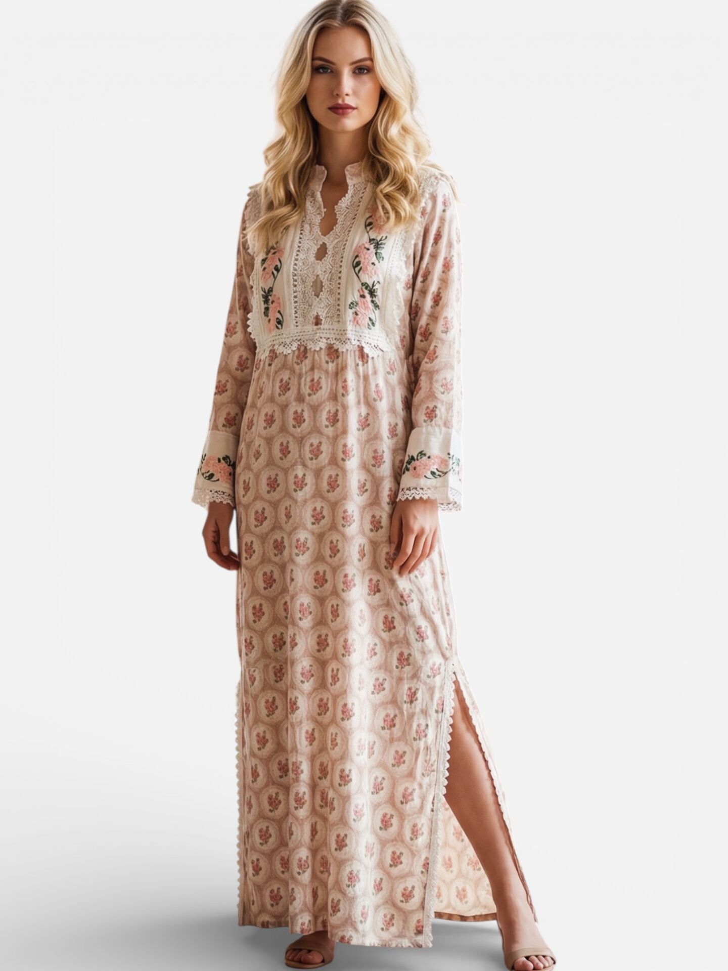 Cotton Jalabiya with Antique Cross-Stitch Embroidery and Lace Details