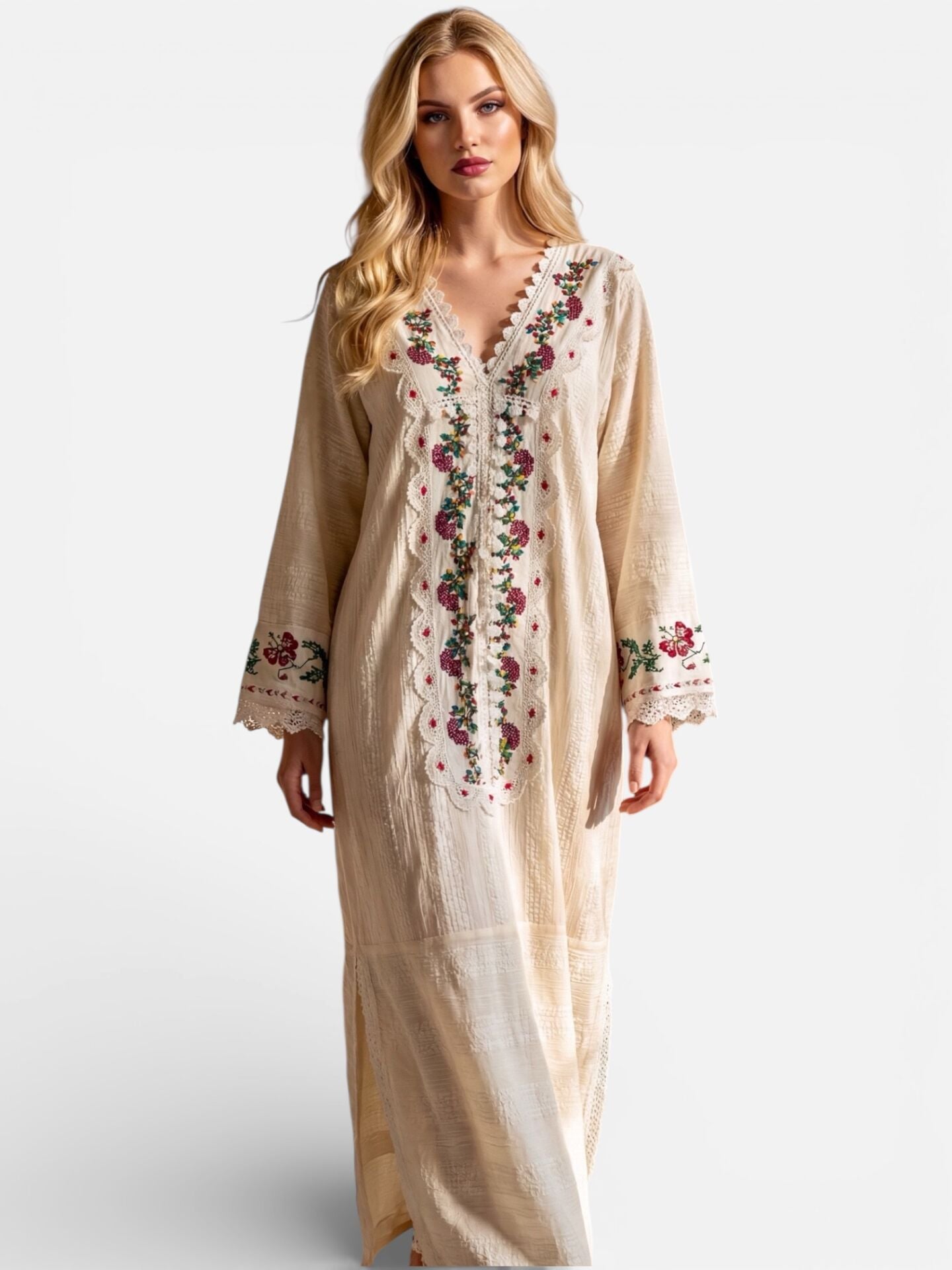 Cream Antique Handwoven Fabric Jalabiya with Cross-Stitch Embroidery and Lace Details