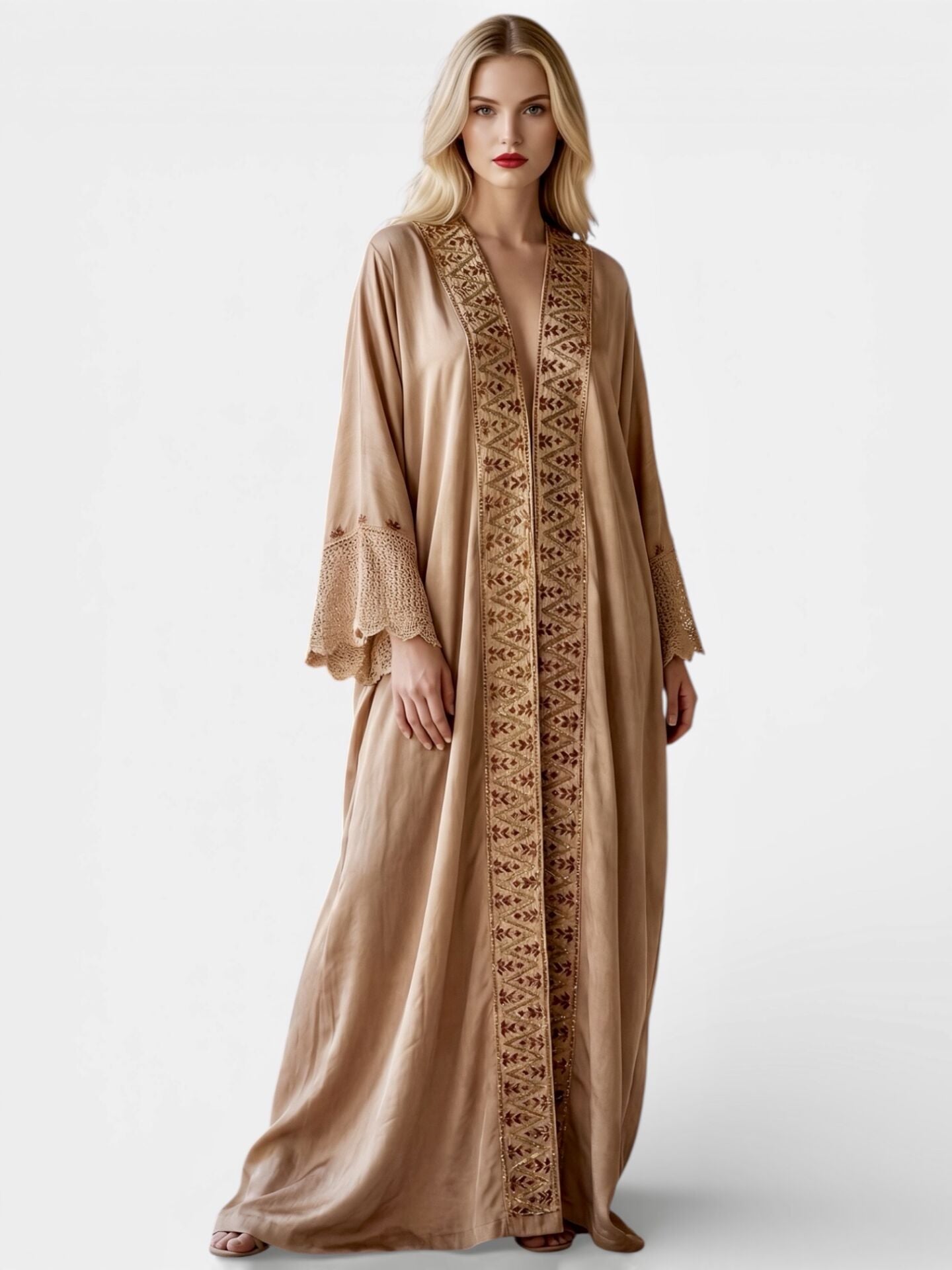 Honey Beige Washed Silk Abaya with Gold and Copper Embroidery