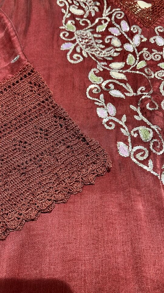 Burgundy Washed Silk Jalabiya with Handcrafted Metallic Embroidery