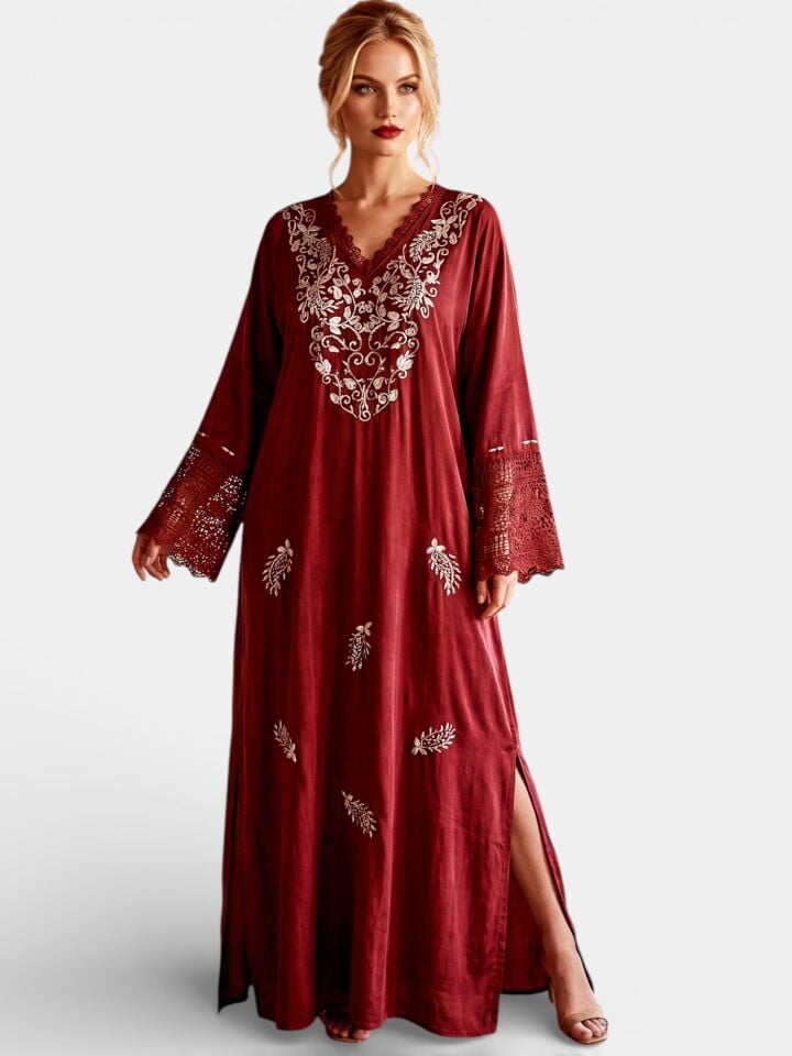 Burgundy Washed Silk Jalabiya with Handcrafted Metallic Embroidery
