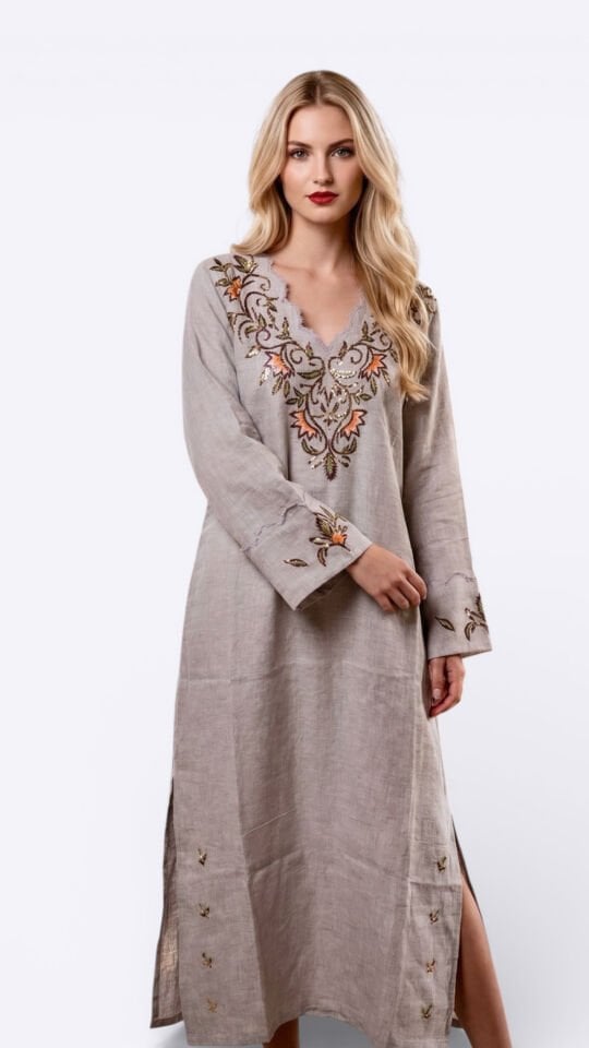 Beige Color Raw Linen Jalabiya with Metallic Thread Embroidery and Handcrafted Needle Lace