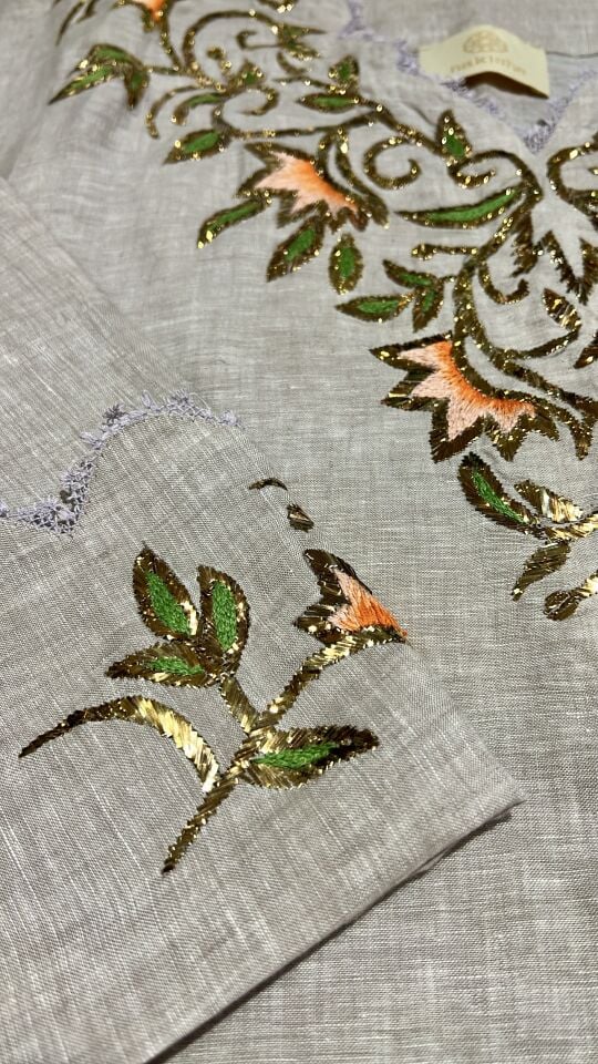 Beige Color Raw Linen Jalabiya with Metallic Thread Embroidery and Handcrafted Needle Lace