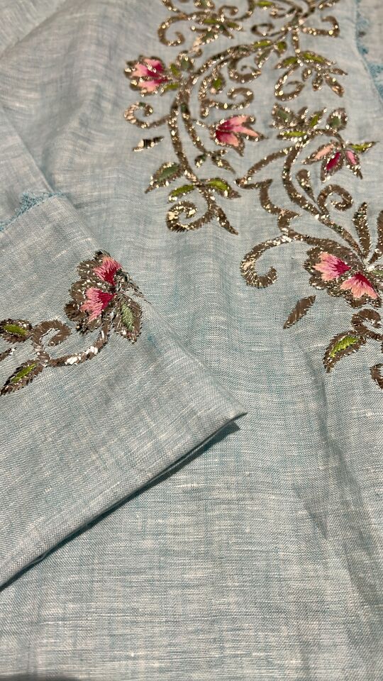 Turquoise Color Raw Linen Jalabiya with Metal Wire Embroidery and Needle Lace Details