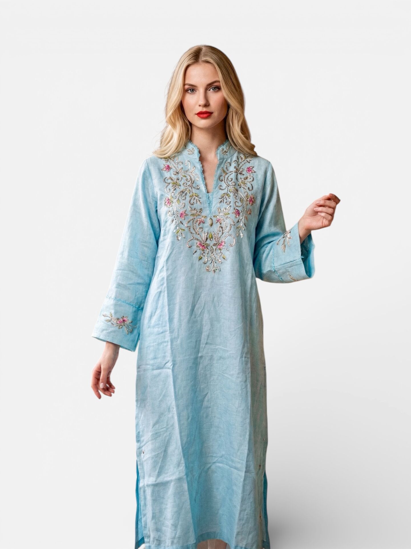 Turquoise Color Raw Linen Jalabiya with Metal Wire Embroidery and Needle Lace Details
