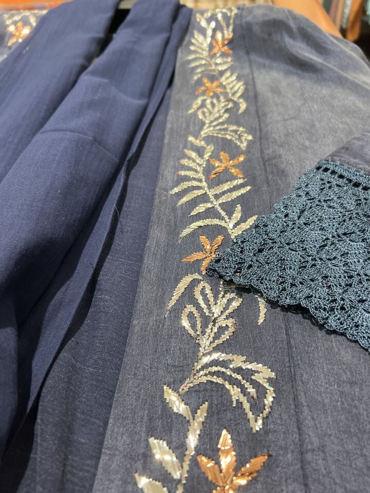 Handcrafted Dark Indigo Blue Silk Abaya with Metallic Sarma Embroidery