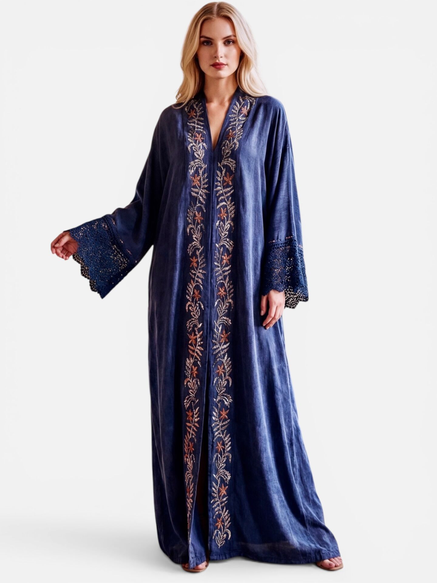 Handcrafted Dark Indigo Blue Silk Abaya with Metallic Sarma Embroidery