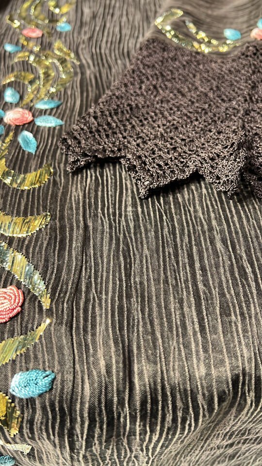 Dark Brown Washed Silk Abaya with Gold Couching Embroidery