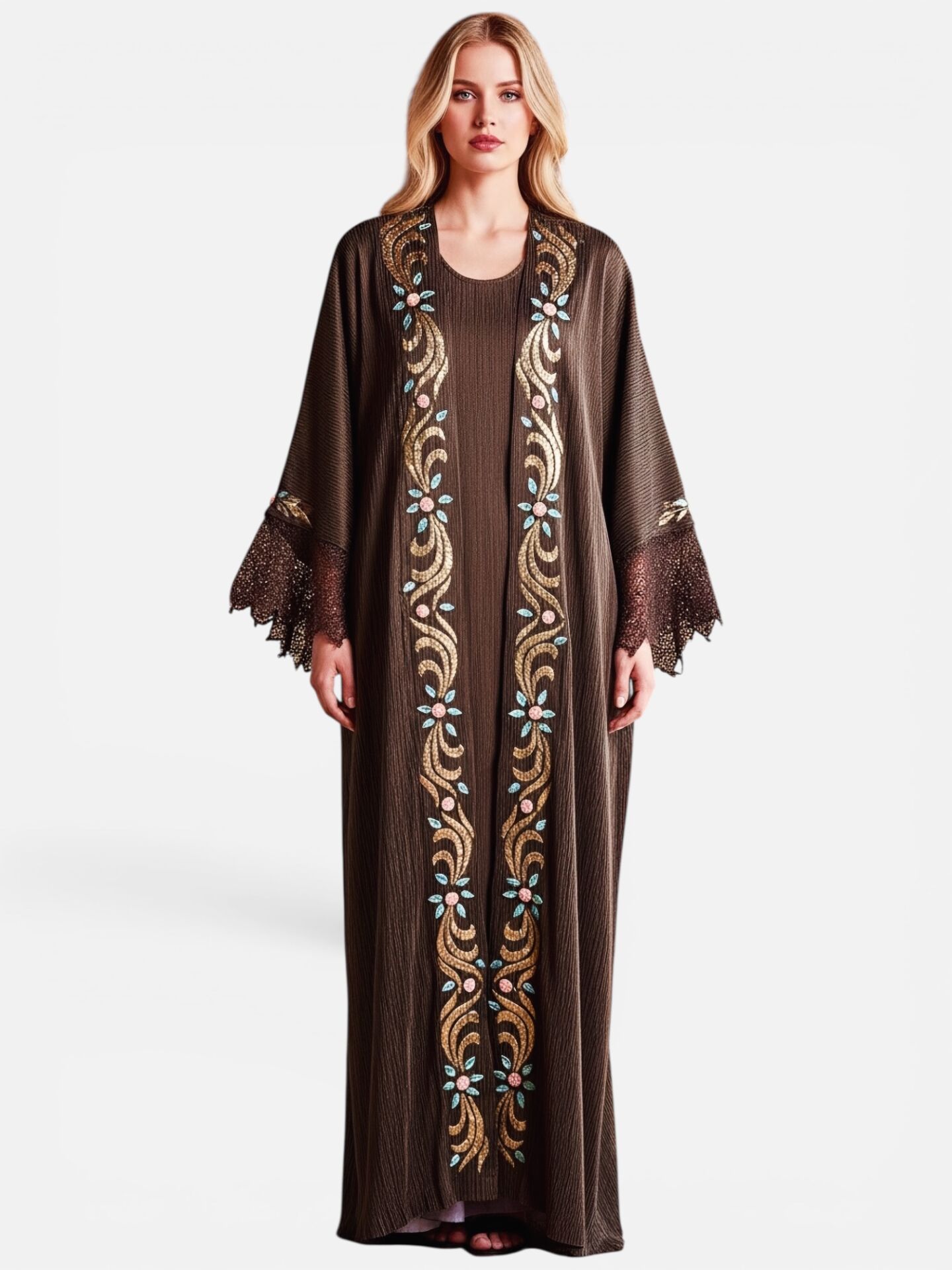 Dark Brown Washed Silk Abaya with Gold Couching Embroidery