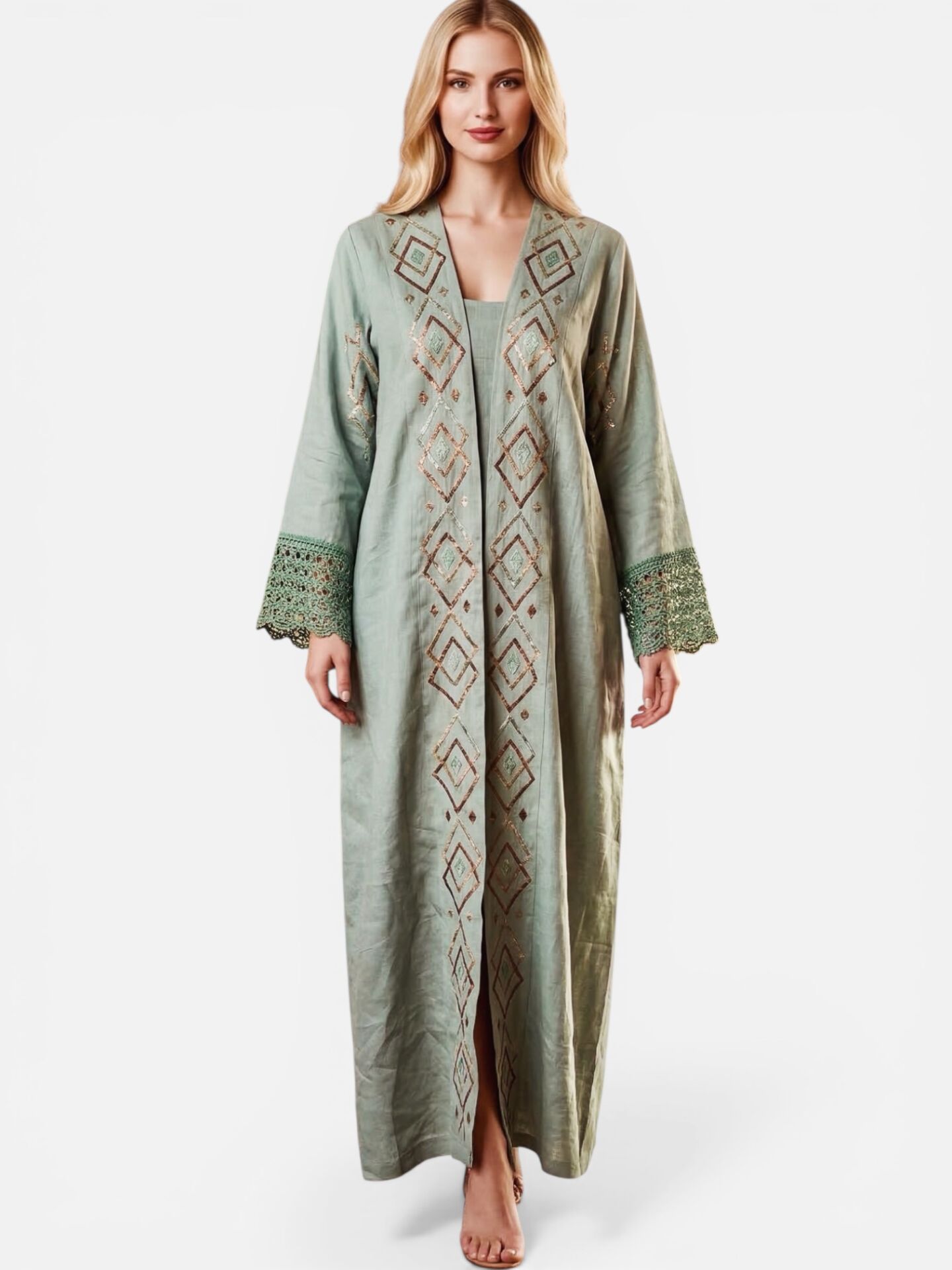 Sage Green Linen Abaya with Crochet and Sarma Thread  Embroidery – One of a Kind